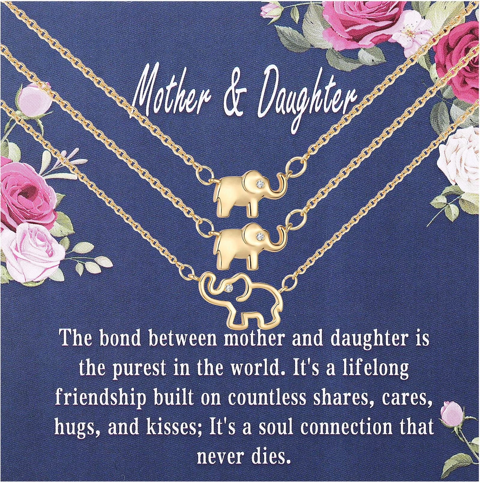 18K Gold Plated Elephant Mother Daughter Necklace Matching Jewelry Set for Women Mom Mommy Grandma Granddaughter Pendant Chain Accessories Stuff Age Birthday Mother'S Day Jewelry Gifts